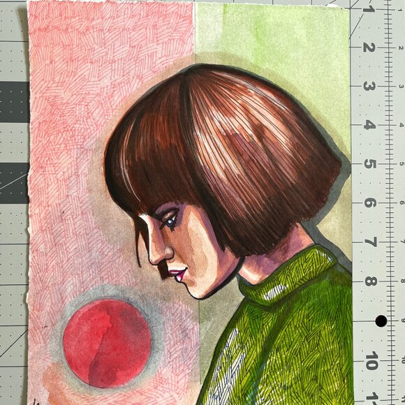 red sun figurative art original watercolor and ink art sale home decor - Picture 5 of 10